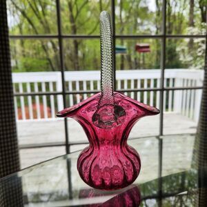 Angelo Rossi Art Glass Cranberry Ribbed Basket Clear Rope Handle 24K Gold Canada